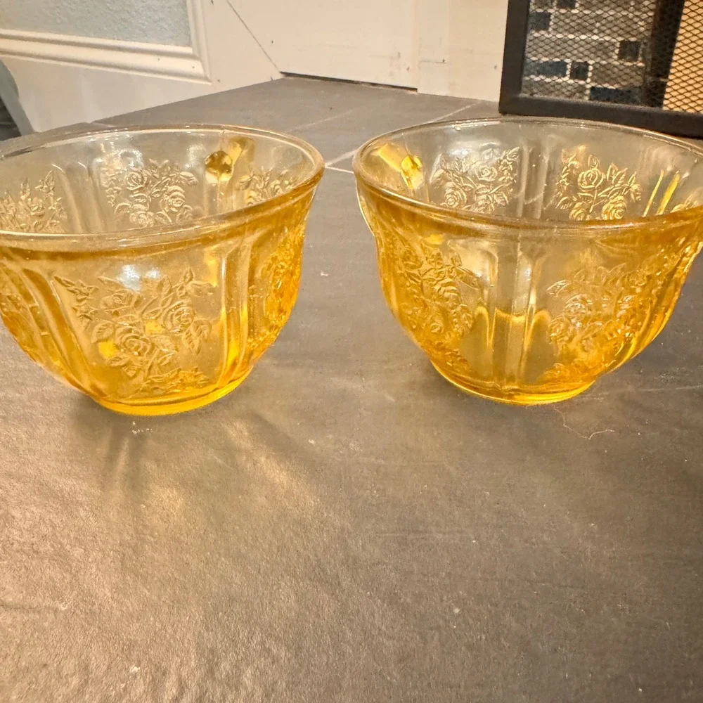 Antique Amber Depression Glass Tea Cups Embossed Floral Pattern Set of 2 Vintage